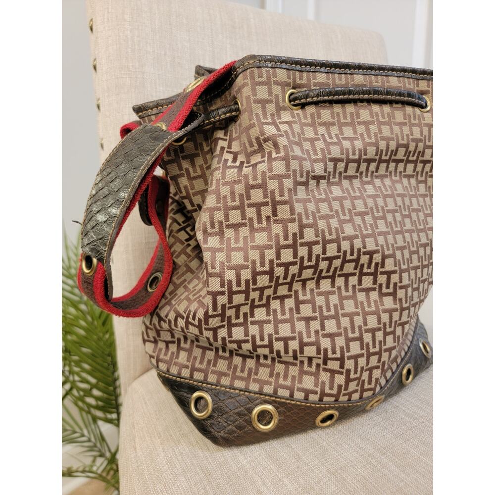 Tommy Hilfiger Monogram Drawstring Bucket Bag Snakeskin Print Grommet Crossbody - Picture 5 of 8